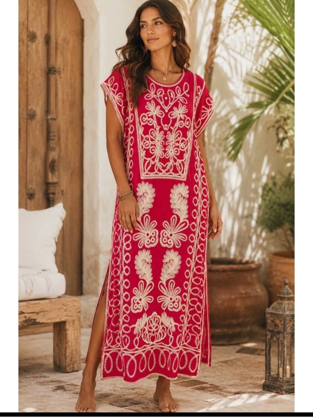 Solitaire Artisan Soutache Embroidered Caftan Maxi Dress In Red Sz Medium NWT